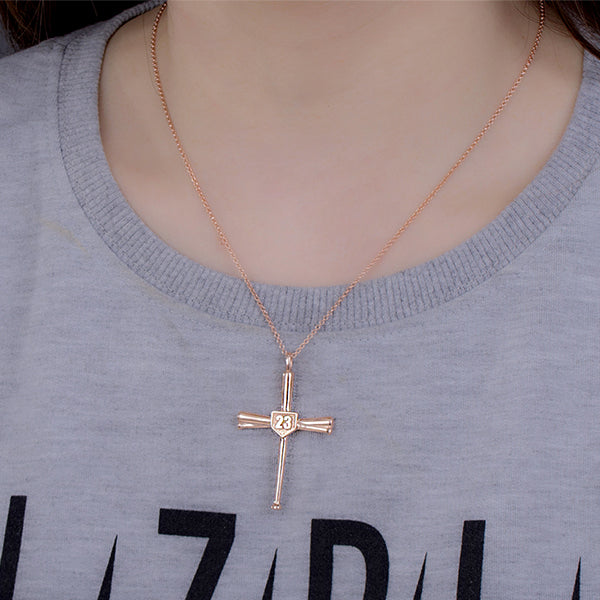 Engraved Baseball Cross Necklace Rose Gold