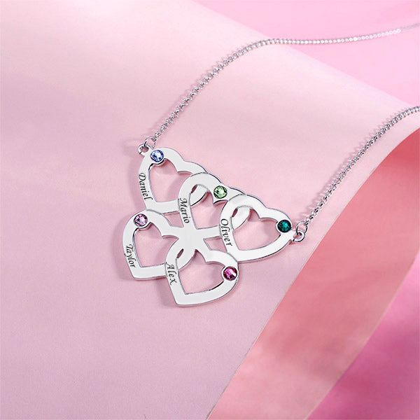 Engraved 1-5 Intertwined Hearts Necklace With Birthstones Sterling Silver