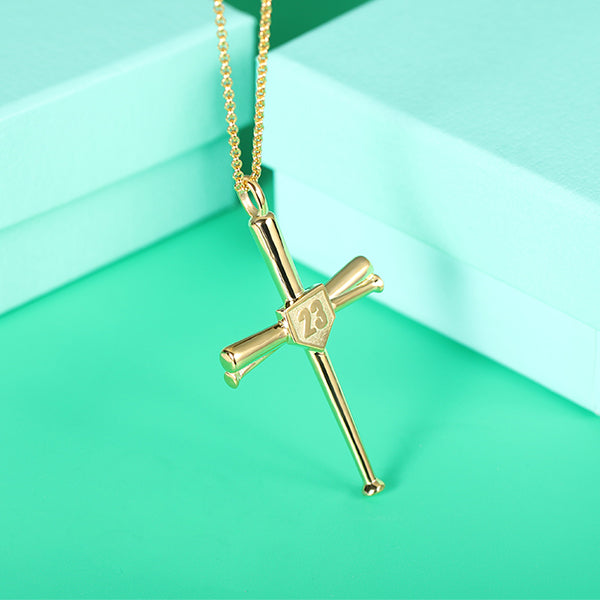 Engraved Baseball Cross Necklace Gold