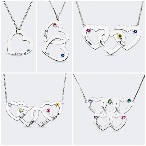 Engraved 1-5 Intertwined Hearts Necklace With Birthstones Sterling Silver