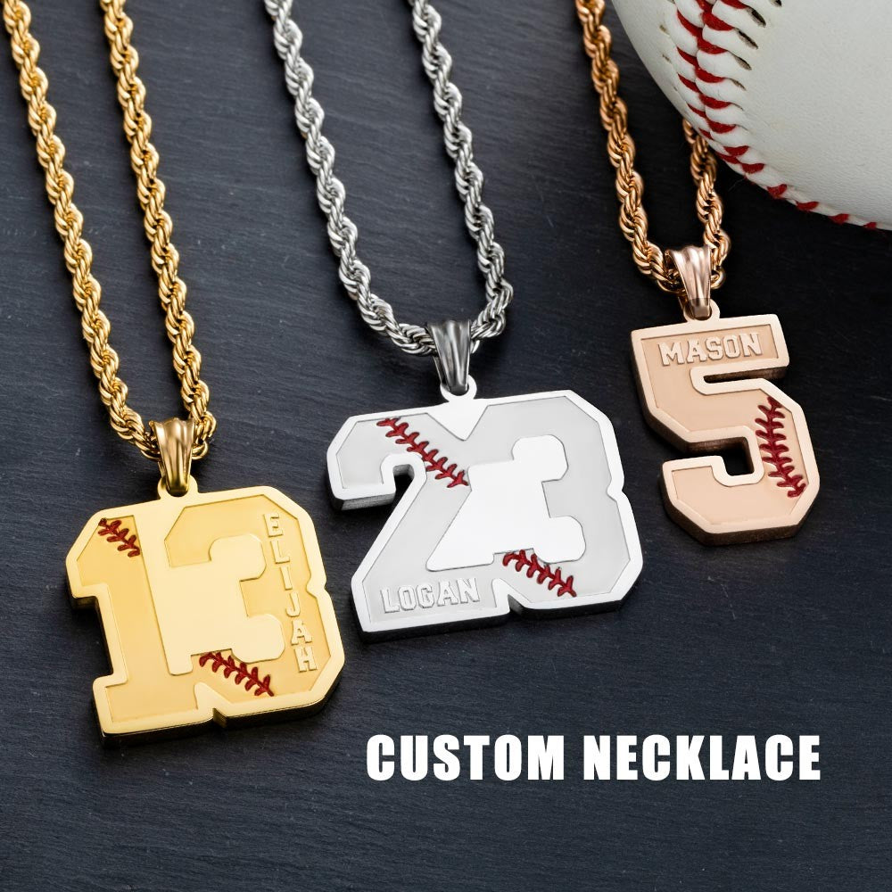 Personalized Baseball & Softball Sports Number Stainless Steel Necklace with Name, Gifts for Sports Lovers