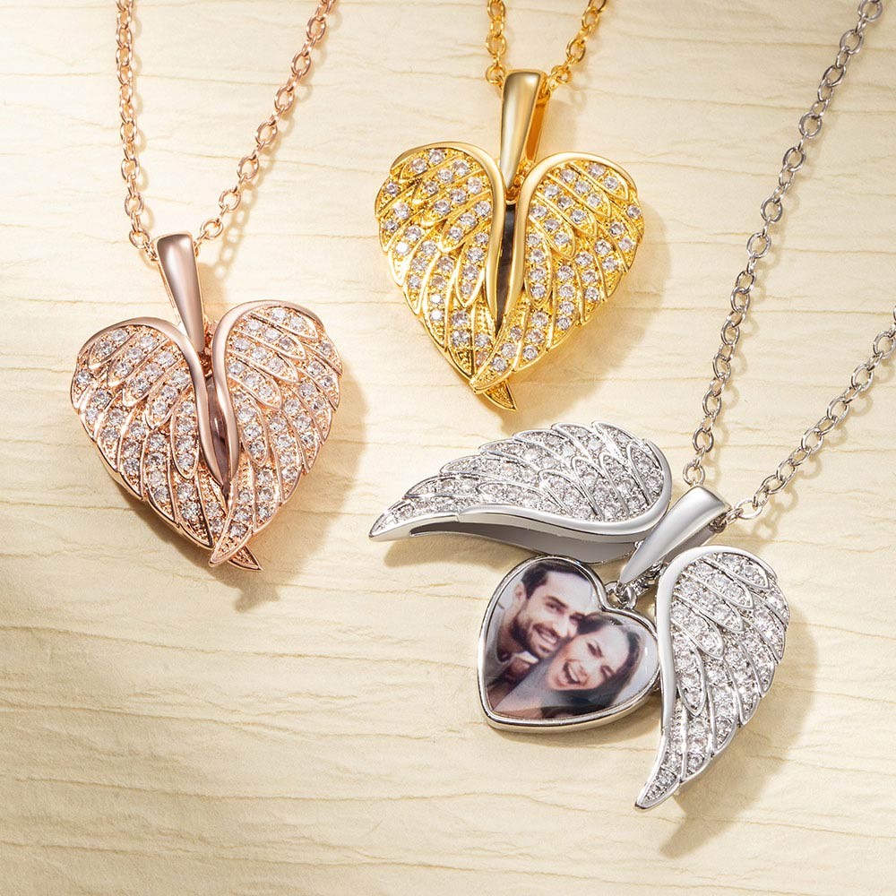 Custom CZ Heart Shape Angel Wing Necklace with Photo, Heart Picture Pendant Necklace, Angel Wings Memorial Valentines Birthday Gift, Gifts for Women