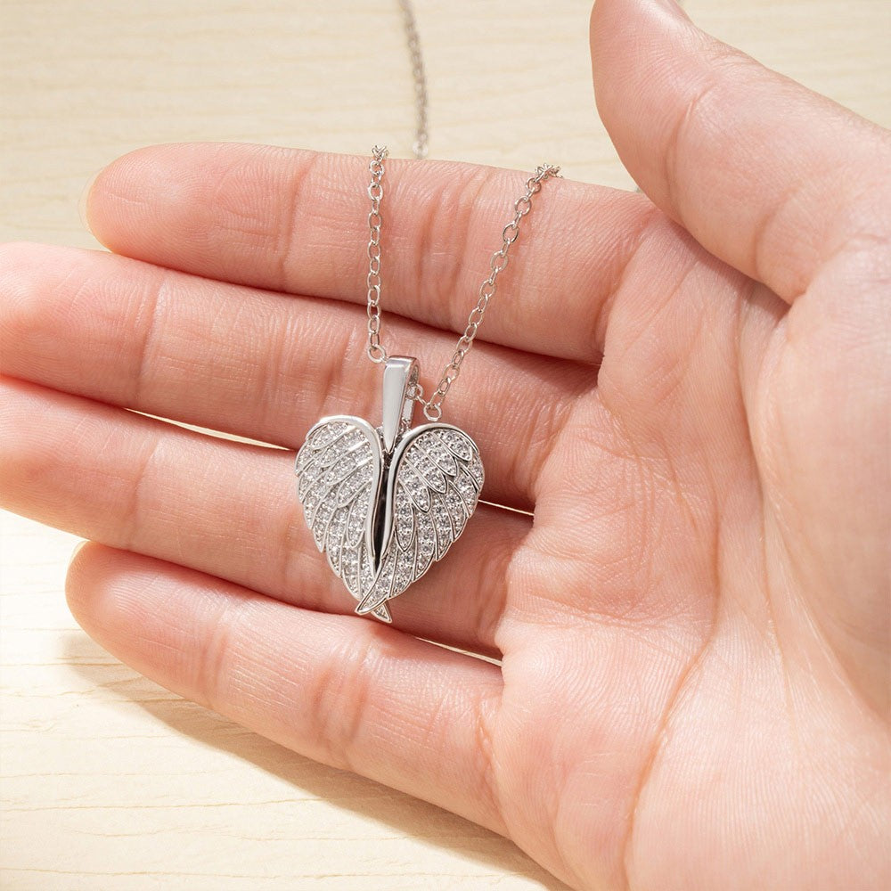Custom CZ Heart Shape Angel Wing Necklace with Photo, Heart Picture Pendant Necklace, Angel Wings Memorial Valentines Birthday Gift, Gifts for Women