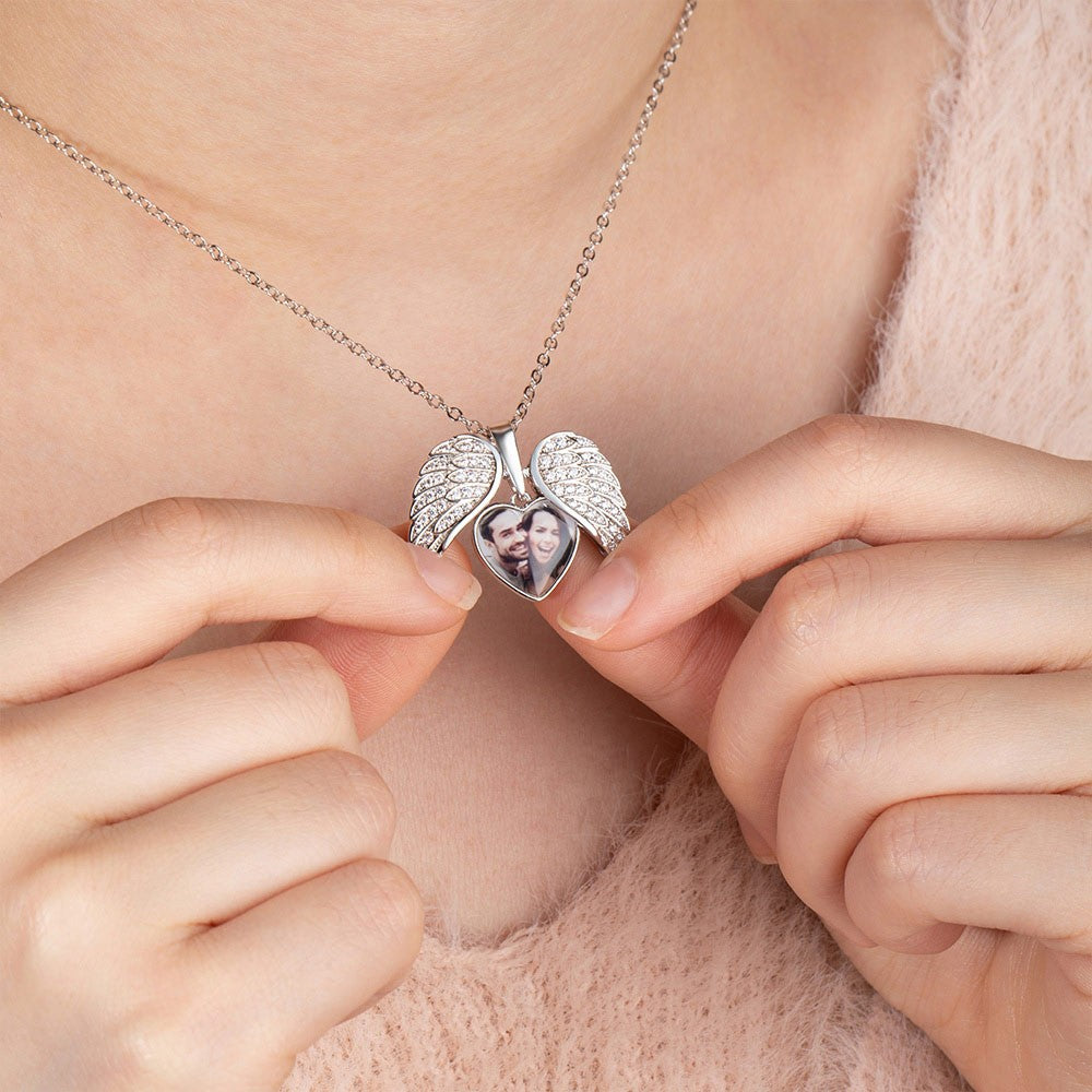 Custom CZ Heart Shape Angel Wing Necklace with Photo, Heart Picture Pendant Necklace, Angel Wings Memorial Valentines Birthday Gift, Gifts for Women