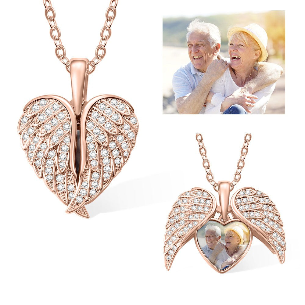 Custom CZ Heart Shape Angel Wing Necklace with Photo, Heart Picture Pendant Necklace, Angel Wings Memorial Valentines Birthday Gift, Gifts for Women