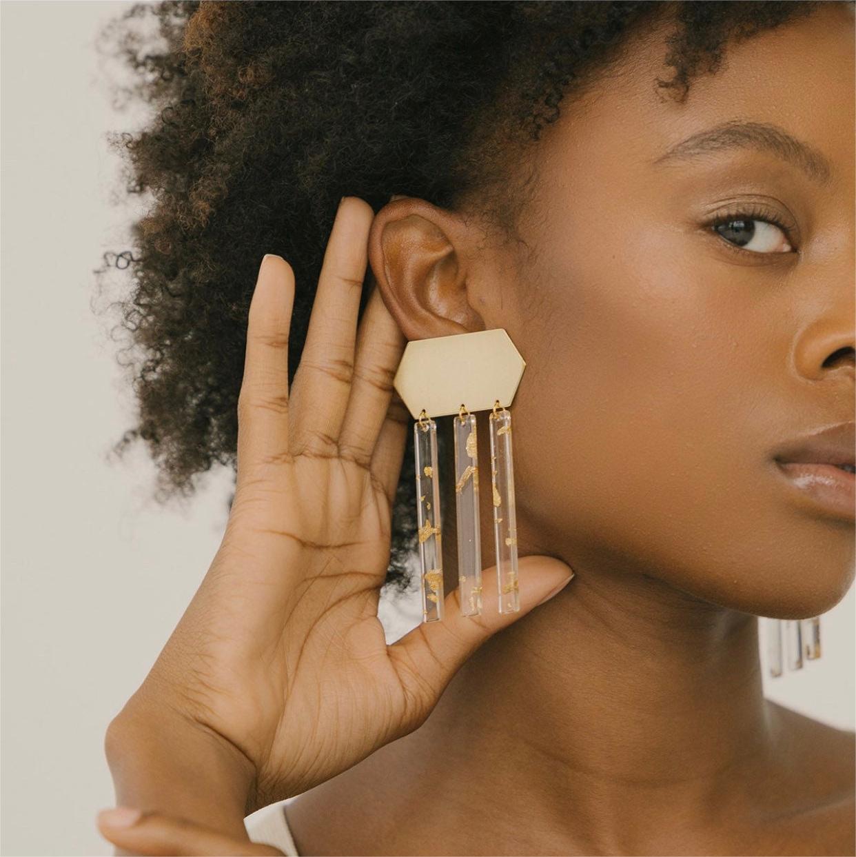 Minimalist Earrings Clear Acrylic Golden Brass Neutral Simplistic Casual Clip on Earrings, Valentine's Day Earrings, Contemporary Jewelry