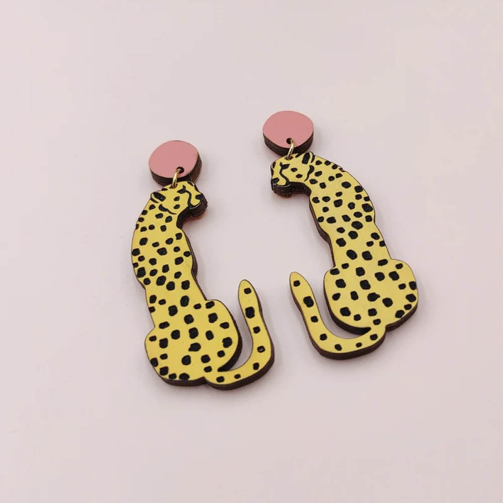 Cheetah Earrings, Leopard Earrings, Big Cat Earrings, Wild Animal Jewelry, Statement Earrings, Yellow Earrings