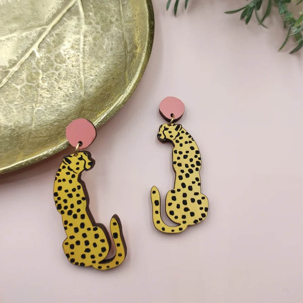 Cheetah Earrings, Leopard Earrings, Big Cat Earrings, Wild Animal Jewelry, Statement Earrings, Yellow Earrings