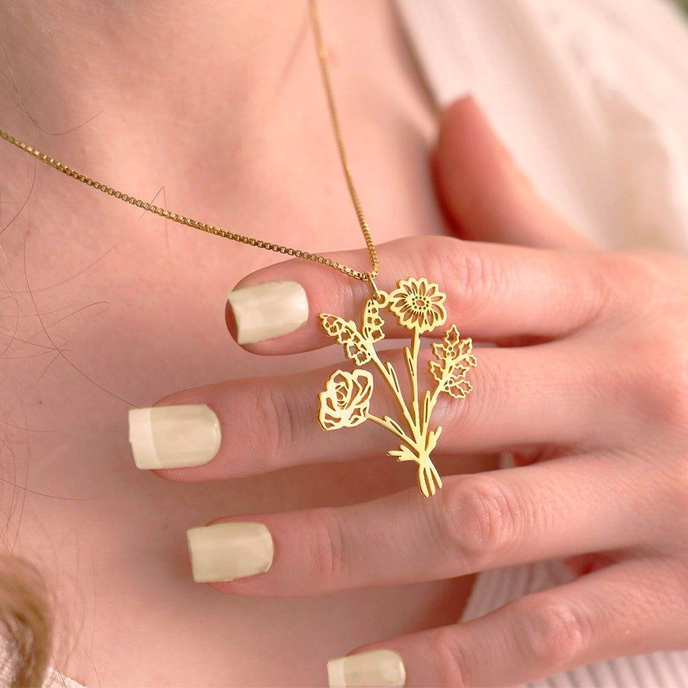 Custom Combined Birth Flower Bouquet Necklace for Mother's Day, Birth Flower Bouquet Necklace for Grandma, Birth Flower Family Necklace for Mom