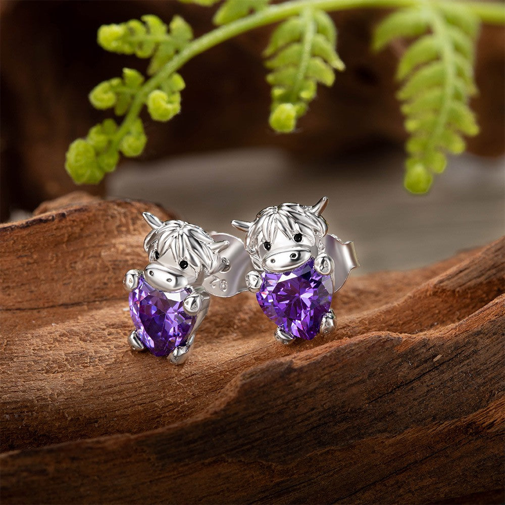 Custom Birthstone Highland Cow Stud Earrings, Sterling Silver 925 Scottish Highland Cow Animal Earrings, Birthday/Anniversary Gift for Women/Girls