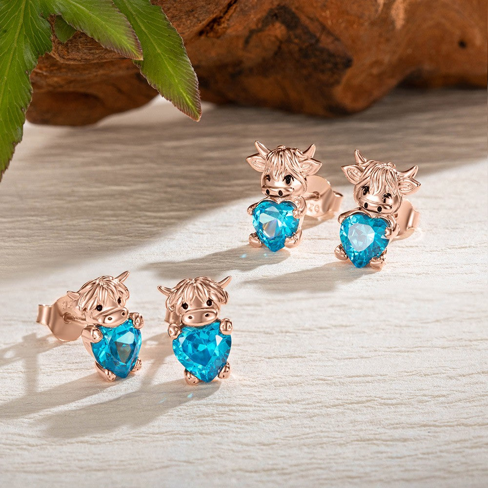 Custom Birthstone Highland Cow Stud Earrings, Sterling Silver 925 Scottish Highland Cow Animal Earrings, Birthday/Anniversary Gift for Women/Girls