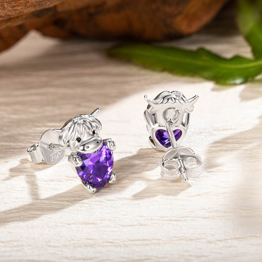 Custom Birthstone Highland Cow Stud Earrings, Sterling Silver 925 Scottish Highland Cow Animal Earrings, Birthday/Anniversary Gift for Women/Girls