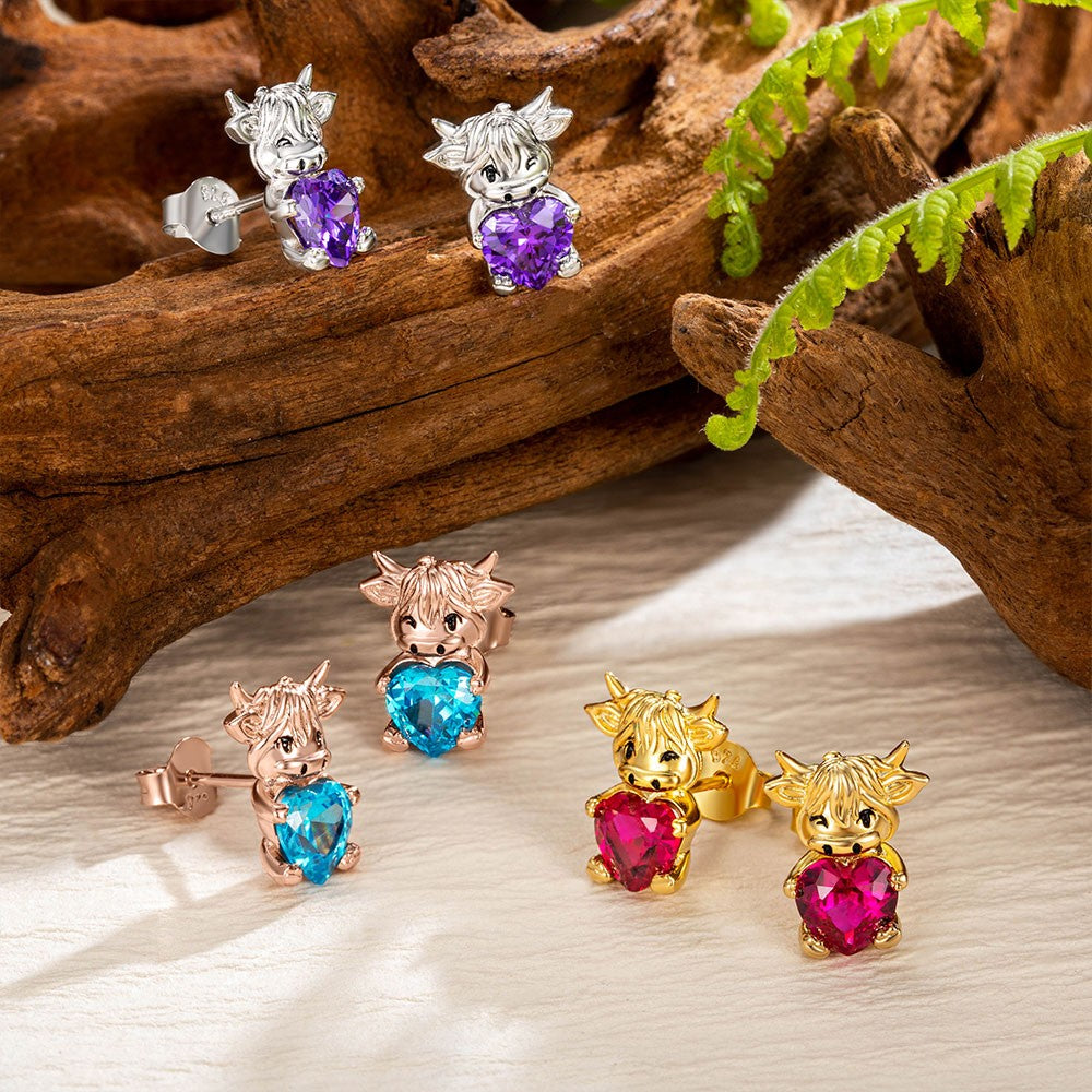 Custom Birthstone Highland Cow Stud Earrings, Sterling Silver 925 Scottish Highland Cow Animal Earrings, Birthday/Anniversary Gift for Women/Girls