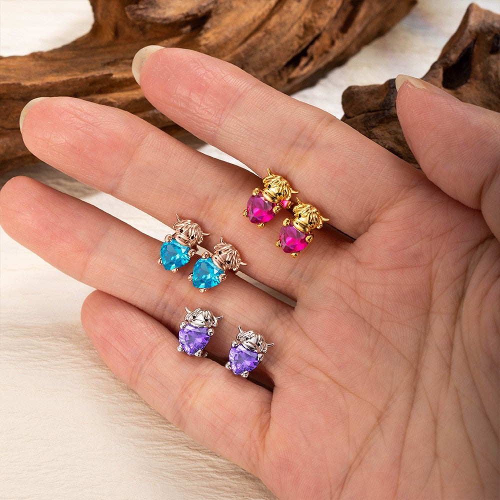 Custom Birthstone Highland Cow Stud Earrings, Sterling Silver 925 Scottish Highland Cow Animal Earrings, Birthday/Anniversary Gift for Women/Girls