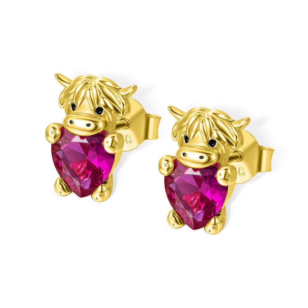 Custom Birthstone Highland Cow Stud Earrings, Sterling Silver 925 Scottish Highland Cow Animal Earrings, Birthday/Anniversary Gift for Women/Girls