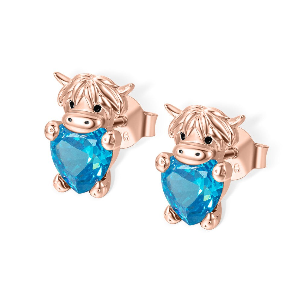 Custom Birthstone Highland Cow Stud Earrings, Sterling Silver 925 Scottish Highland Cow Animal Earrings, Birthday/Anniversary Gift for Women/Girls