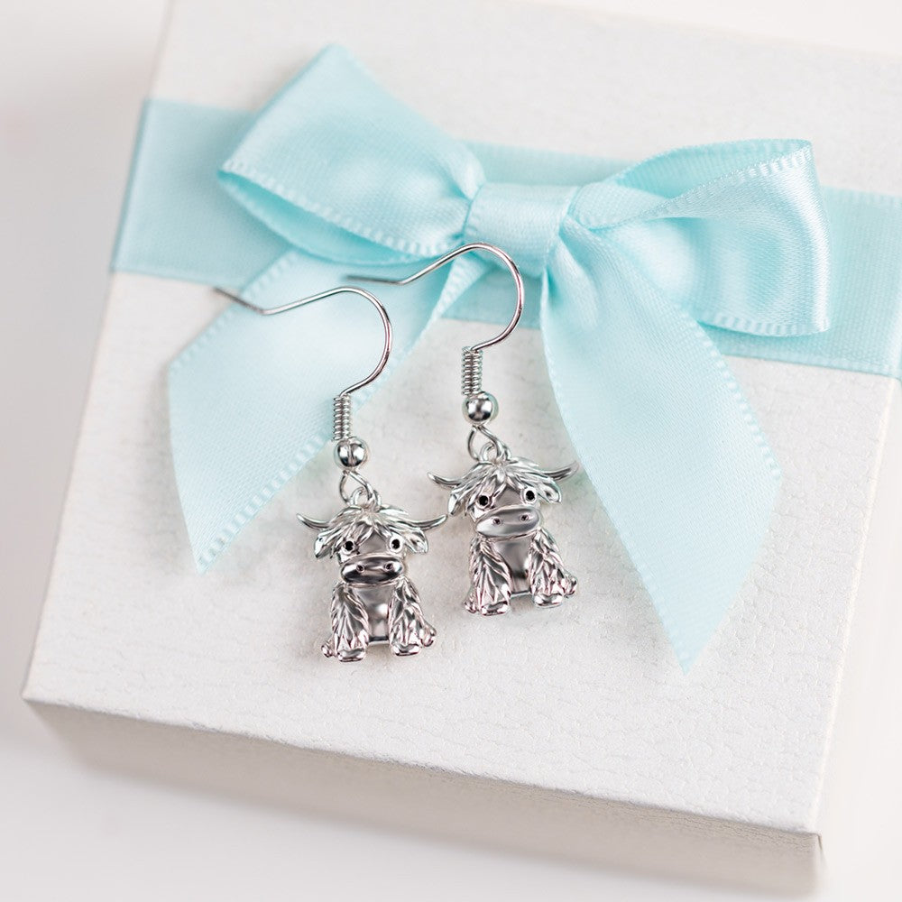 Highland Cow Dangle Earrings, Sterling Silver/Brass Animal Earrings, Women's Jewelry, Christmas/Birthday/Anniversary Gifts for Women/Girls/Cow Lovers