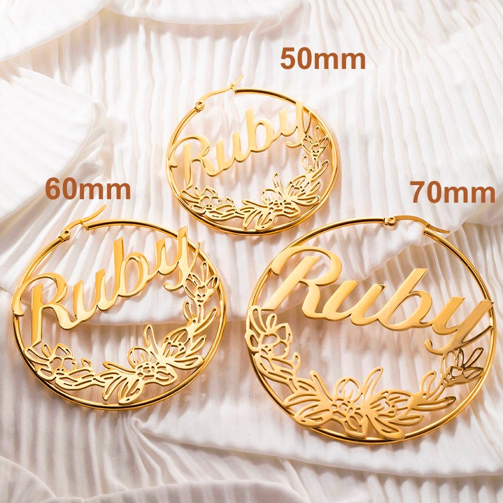 Custom Birthflower Earrings with Name, Personalized Name Hoop Earrings, Wreath Earrings, Mother's Gift, Gift for Women/Girls