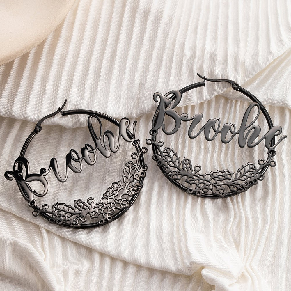 Custom Birthflower Earrings with Name, Personalized Name Hoop Earrings, Wreath Earrings, Mother's Gift, Gift for Women/Girls
