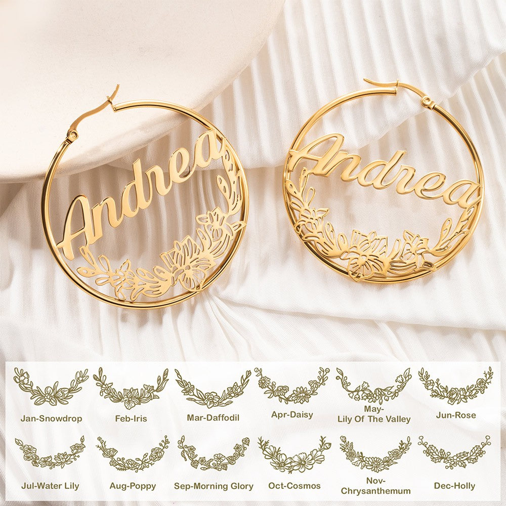 Custom Birthflower Earrings with Name, Personalized Name Hoop Earrings, Wreath Earrings, Mother's Gift, Gift for Women/Girls