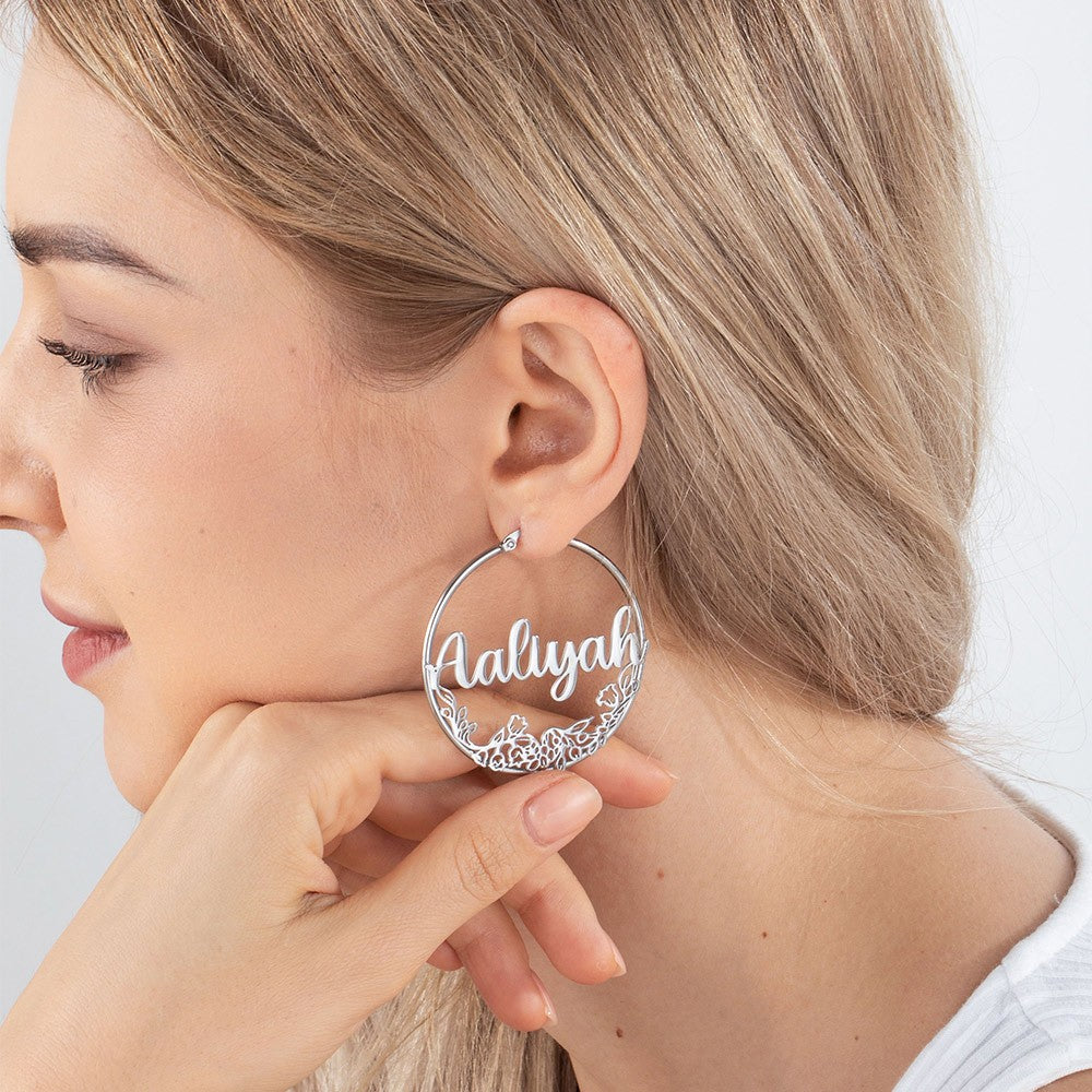 Custom Birthflower Earrings with Name, Personalized Name Hoop Earrings, Wreath Earrings, Mother's Gift, Gift for Women/Girls