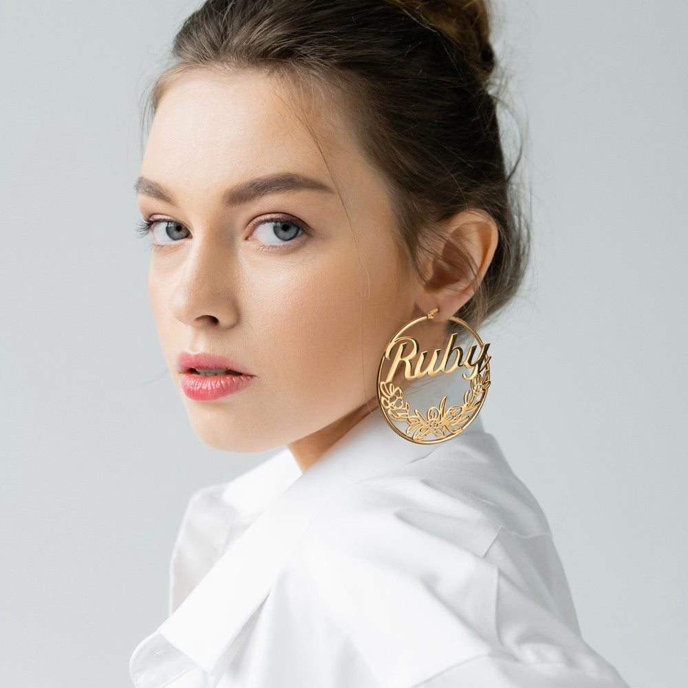 Custom Birthflower Earrings with Name, Personalized Name Hoop Earrings, Wreath Earrings, Mother's Gift, Gift for Women/Girls