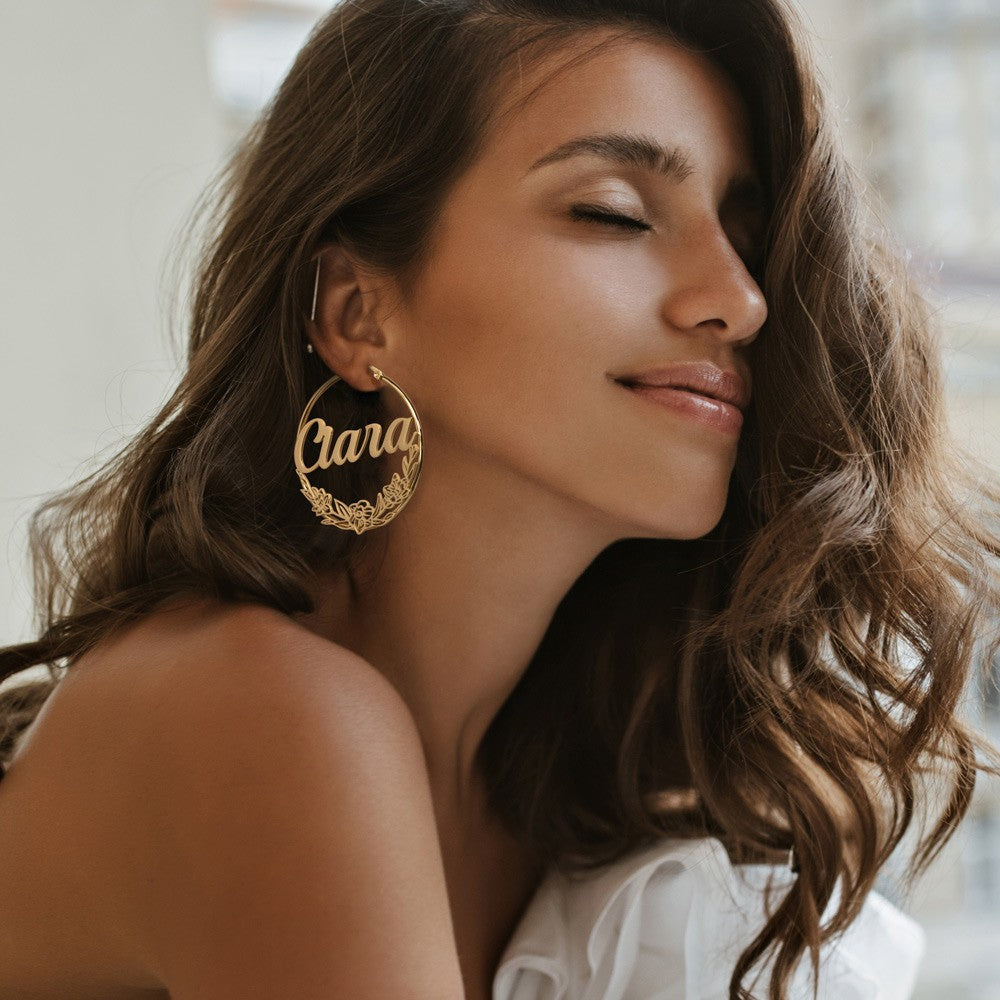 Custom Birthflower Earrings with Name, Personalized Name Hoop Earrings, Wreath Earrings, Mother's Gift, Gift for Women/Girls