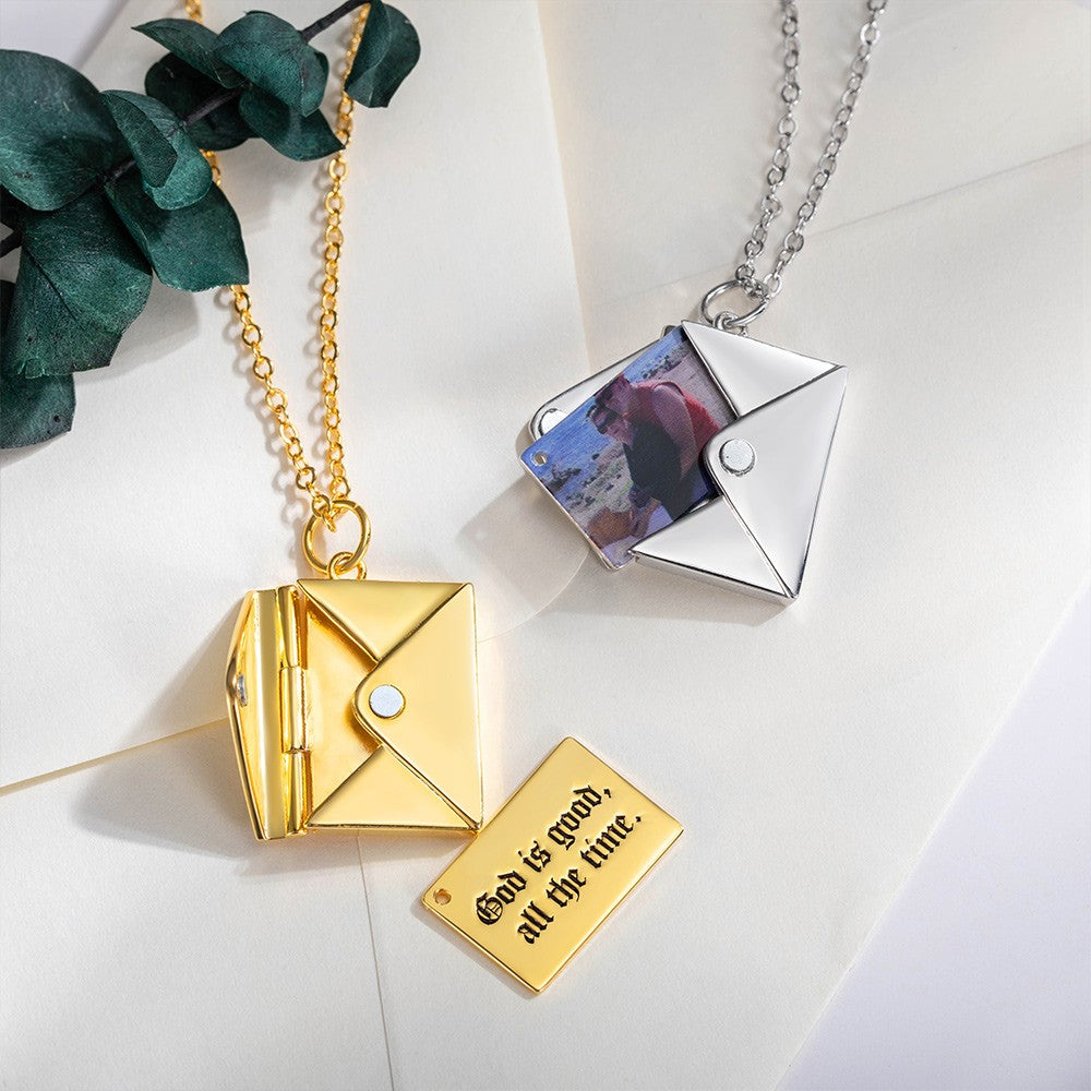 Personalized Name & Photo Love Letter Envelope Necklace, Secret Message Envelope Locket, Couples Jewelry, Birthday Valentine's Day Gift for Her