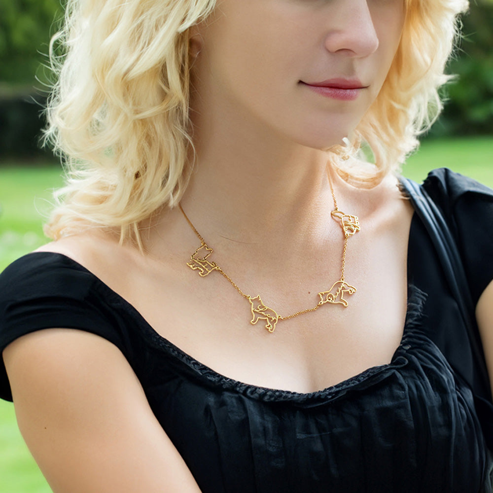 Custom 1-4 Dog Cat Breed Silhouette Necklace with Name, Animal Memorial Jewelry, Pet Memorial/Loss Gift for Women/Pet Lover