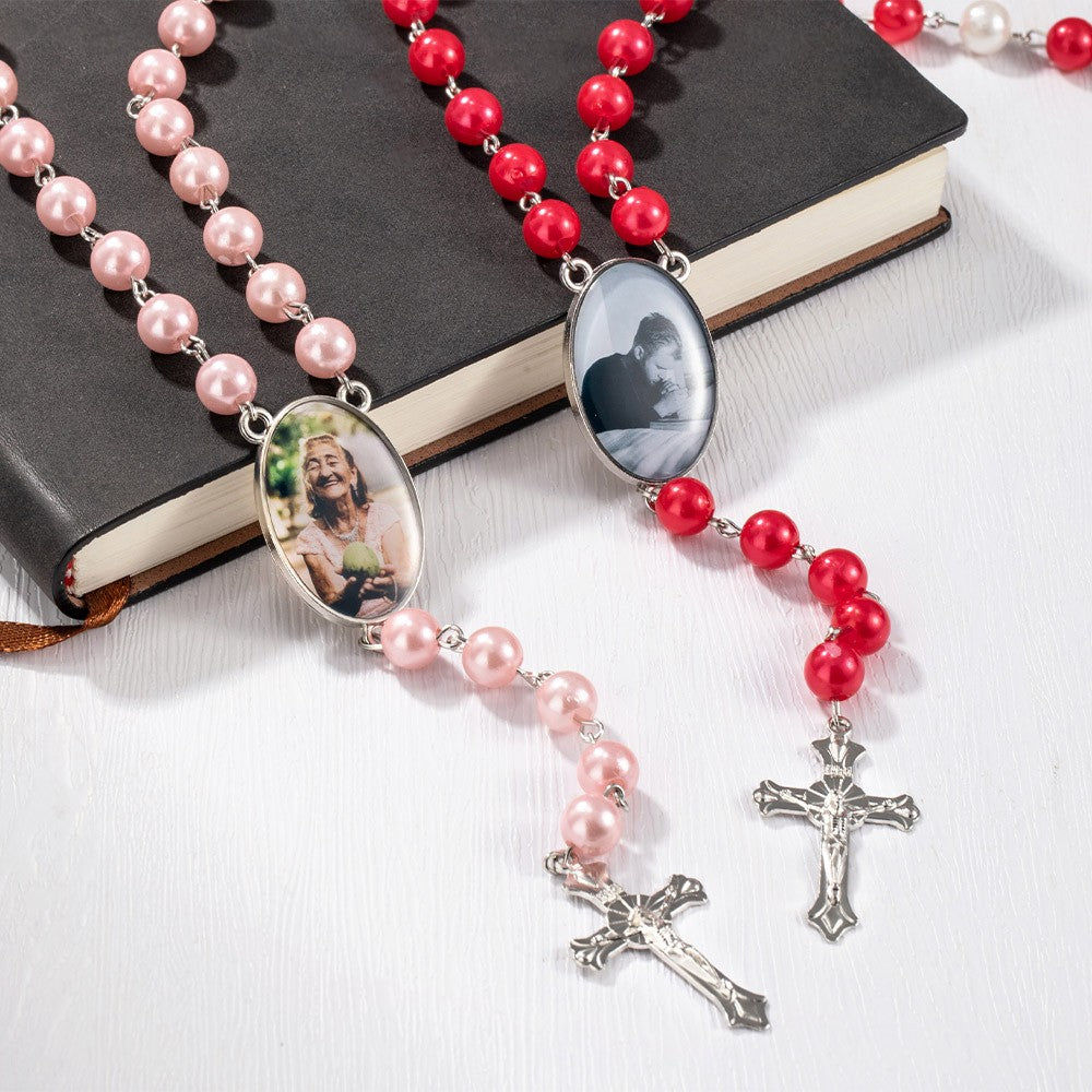Personalized Multicolor Photo Rosary Beads Cross Necklace, Christening Religious Necklace, Memorial Remembrance Bereavement, Loss Gift for Women