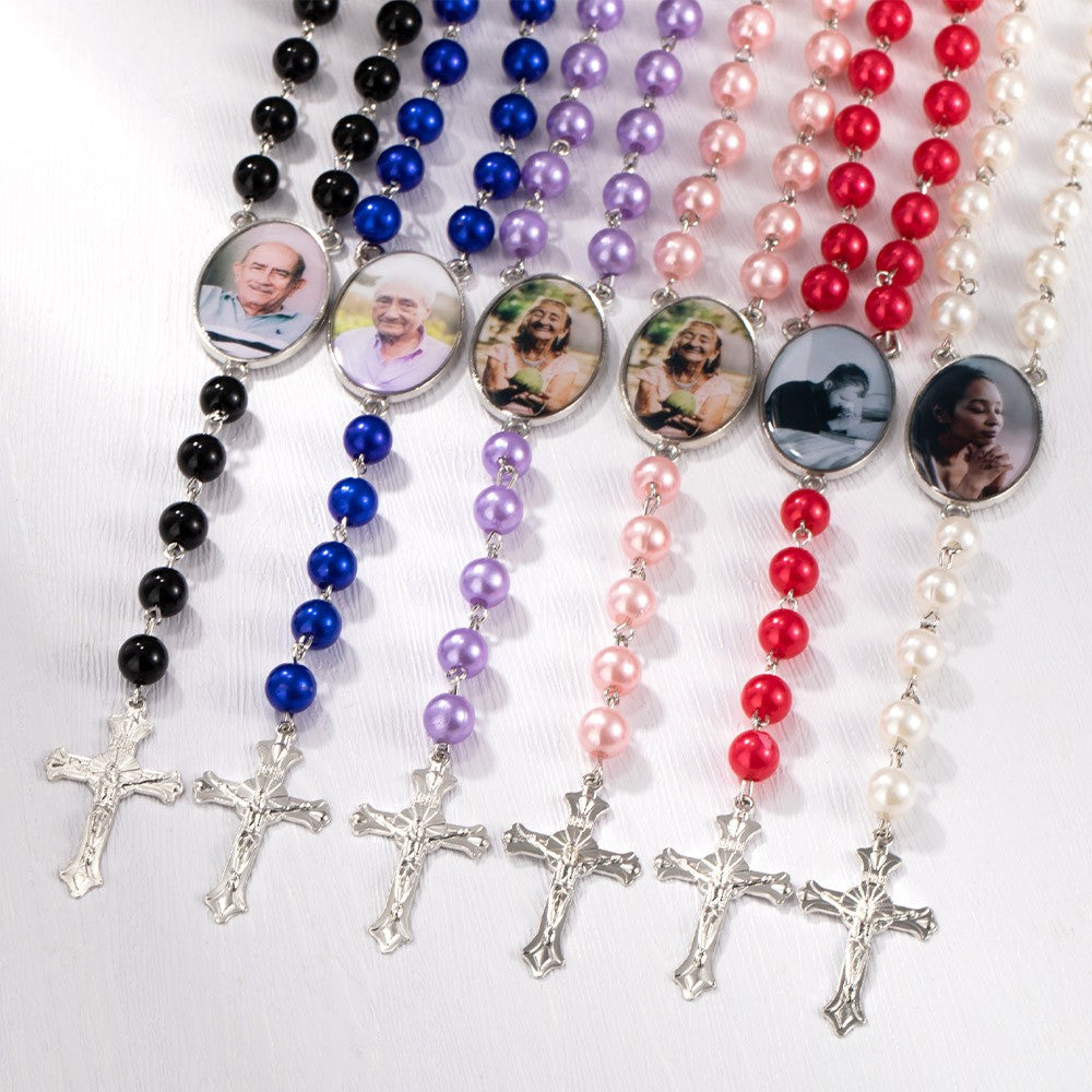 Personalized Multicolor Photo Rosary Beads Cross Necklace, Christening Religious Necklace, Memorial Remembrance Bereavement, Loss Gift for Women