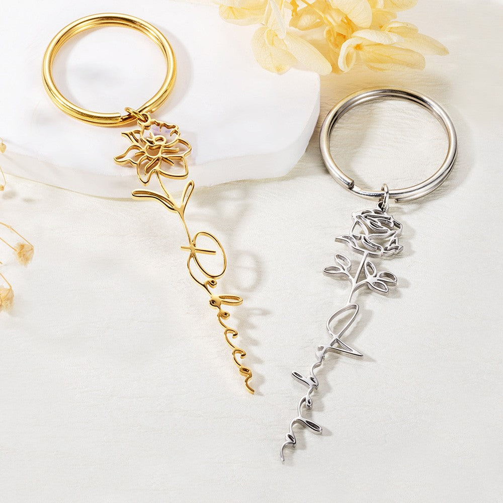 Personalized Name Birth Flower Keychain, Stainless Steel Dainty Keyring for Tote/Purse/Bag, Birthday/Mother's Day/Christmas/Bridesmaid Gift for Her