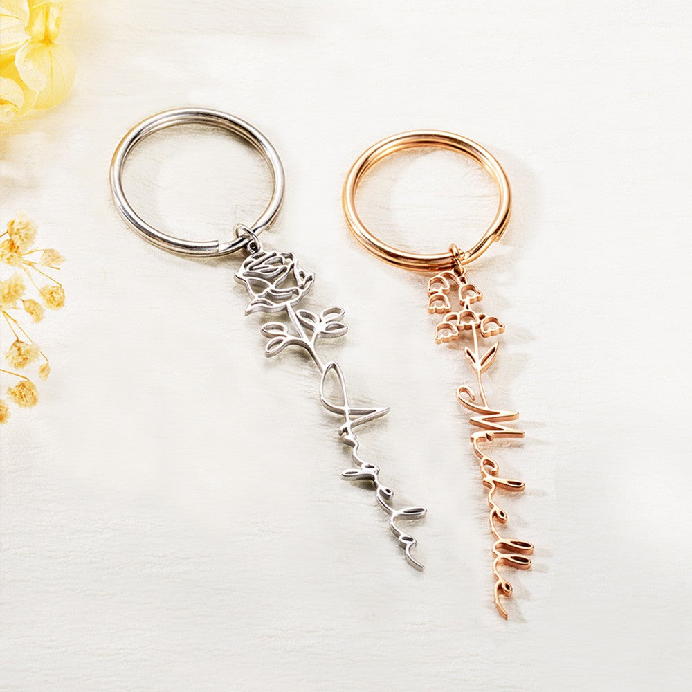 Personalized Name Birth Flower Keychain, Stainless Steel Dainty Keyring for Tote/Purse/Bag, Birthday/Mother's Day/Christmas/Bridesmaid Gift for Her
