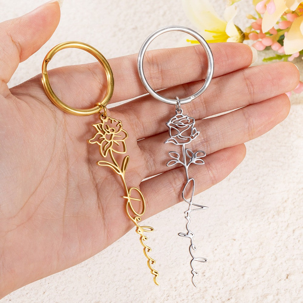 Personalized Name Birth Flower Keychain, Stainless Steel Dainty Keyring for Tote/Purse/Bag, Birthday/Mother's Day/Christmas/Bridesmaid Gift for Her