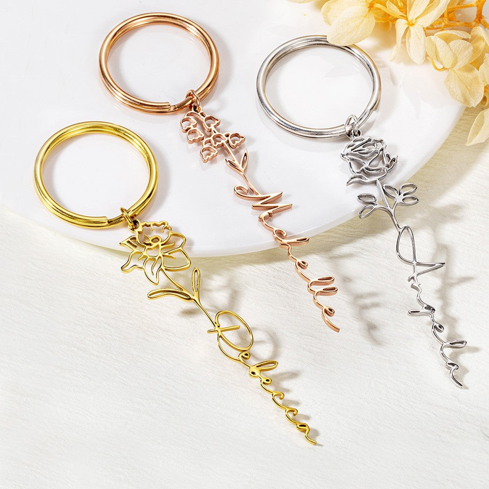 Personalized Name Birth Flower Keychain, Stainless Steel Dainty Keyring for Tote/Purse/Bag, Birthday/Mother's Day/Christmas/Bridesmaid Gift for Her