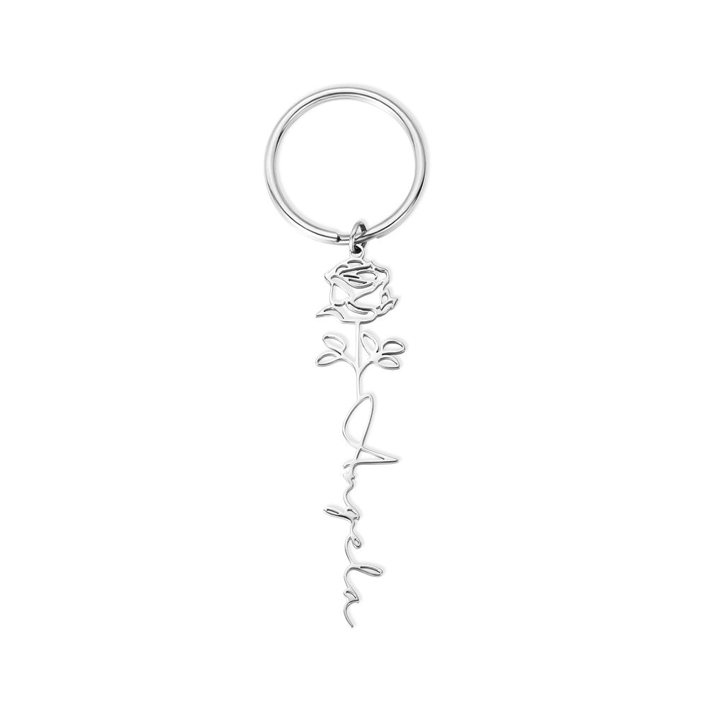 Personalized Name Birth Flower Keychain, Stainless Steel Dainty Keyring for Tote/Purse/Bag, Birthday/Mother's Day/Christmas/Bridesmaid Gift for Her