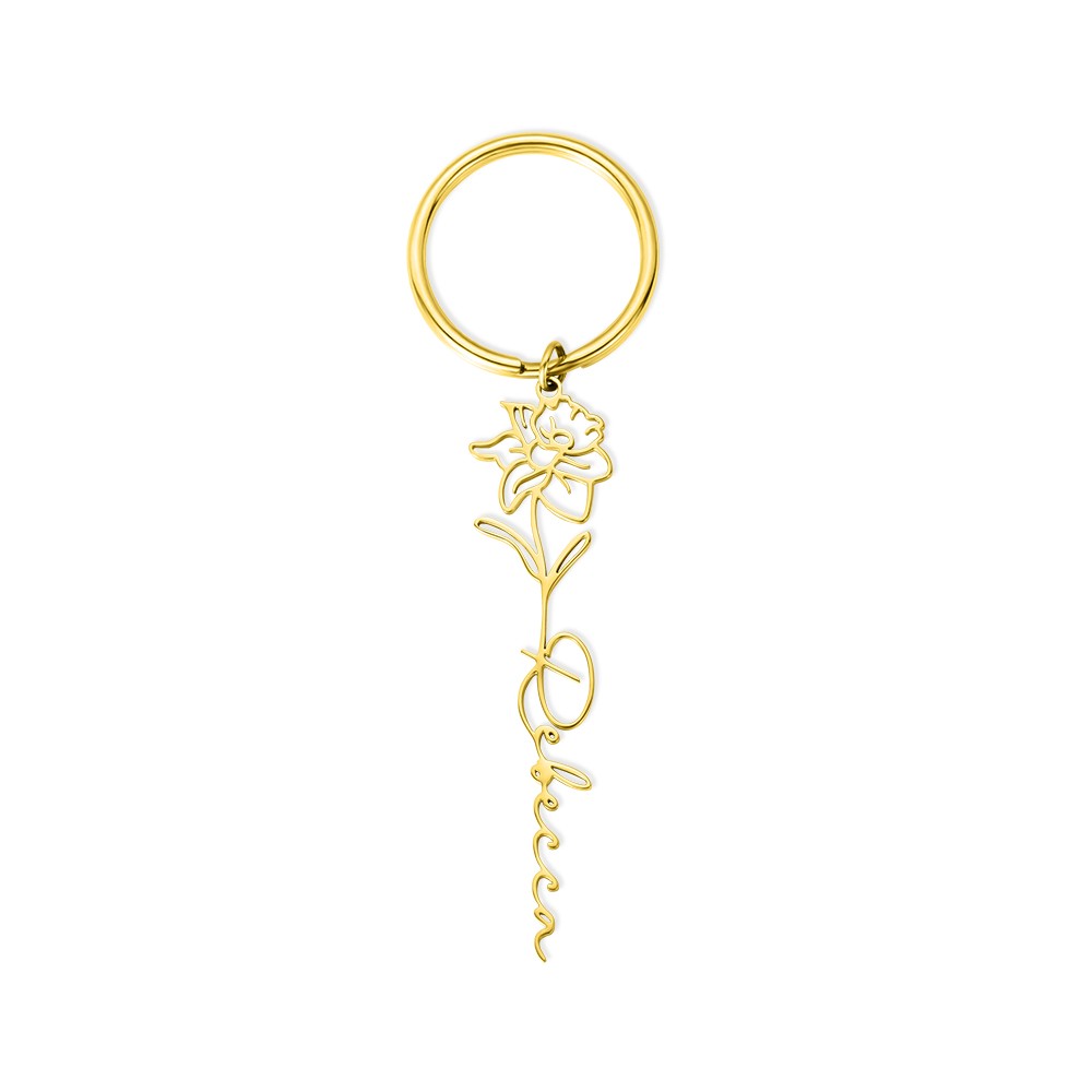 Personalized Name Birth Flower Keychain, Stainless Steel Dainty Keyring for Tote/Purse/Bag, Birthday/Mother's Day/Christmas/Bridesmaid Gift for Her