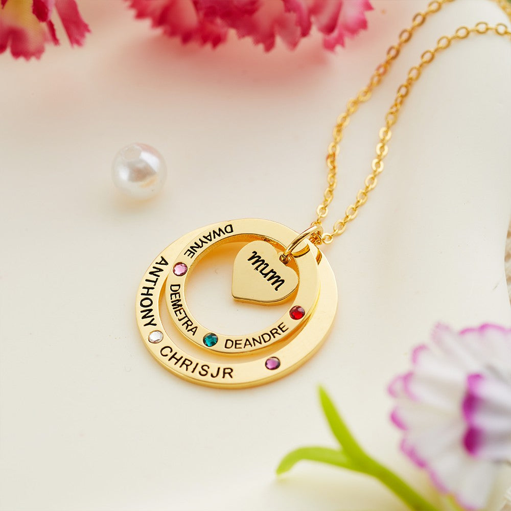 Birthstone Necklace with Heart & Ring Pendant, Necklace with Custom 1-7 Birthstones & Names, Jewelry for Grandma/Mother