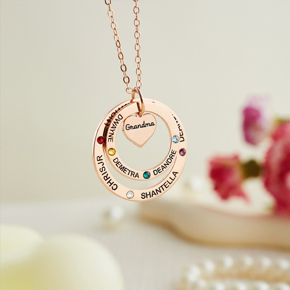 Birthstone Necklace with Heart & Ring Pendant, Necklace with Custom 1-7 Birthstones & Names, Jewelry for Grandma/Mother