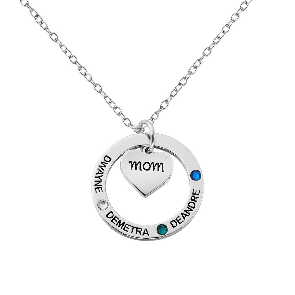 Birthstone Necklace with Heart & Ring Pendant, Necklace with Custom 1-7 Birthstones & Names, Jewelry for Grandma/Mother