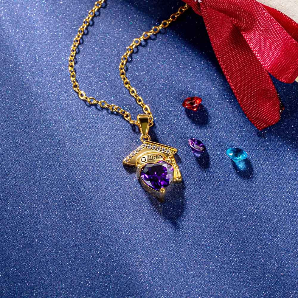 Custom Bachelor Hat Birthstone Heart Shaped Graduation Necklace, Sterling Silver 925 Jewelry, Class of 2024, Graduation Gift for Graduate Students