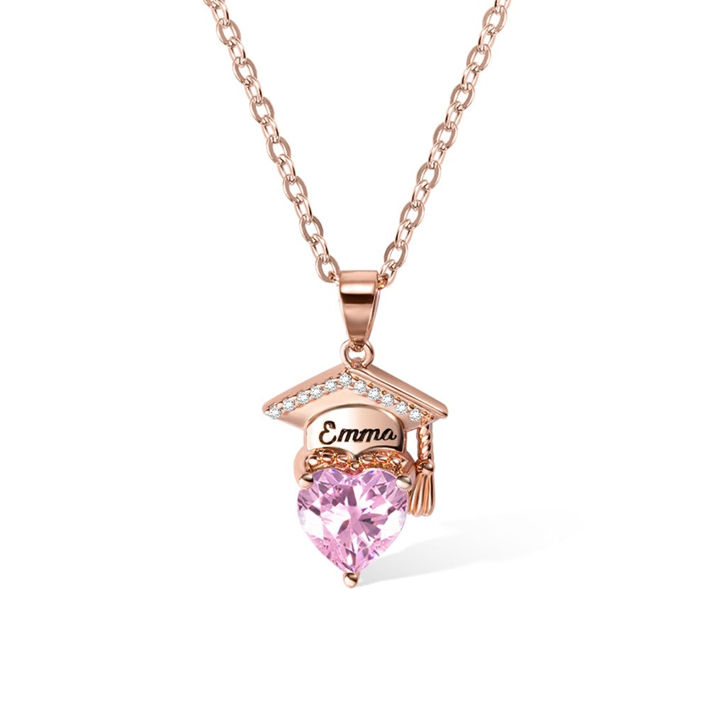 Custom Bachelor Hat Birthstone Heart Shaped Graduation Necklace, Sterling Silver 925 Jewelry, Class of 2024, Graduation Gift for Graduate Students