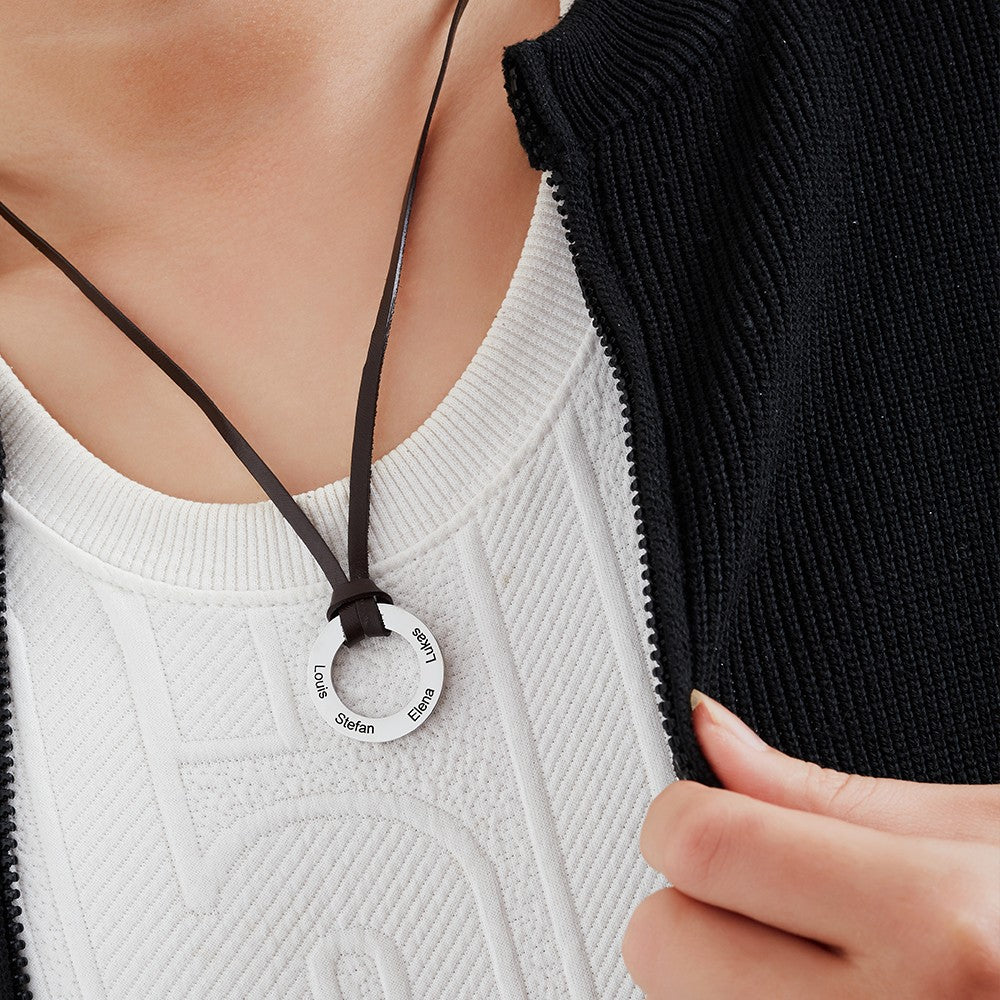 Custom Engraved 4 Names Circle Pendant Necklace with Leather Strap, S925 Family Names Hoop Men's Necklace, Father's Day/Anniversary Gift for Dad/Him