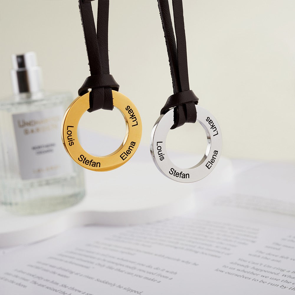 Custom Engraved 4 Names Circle Pendant Necklace with Leather Strap, S925 Family Names Hoop Men's Necklace, Father's Day/Anniversary Gift for Dad/Him