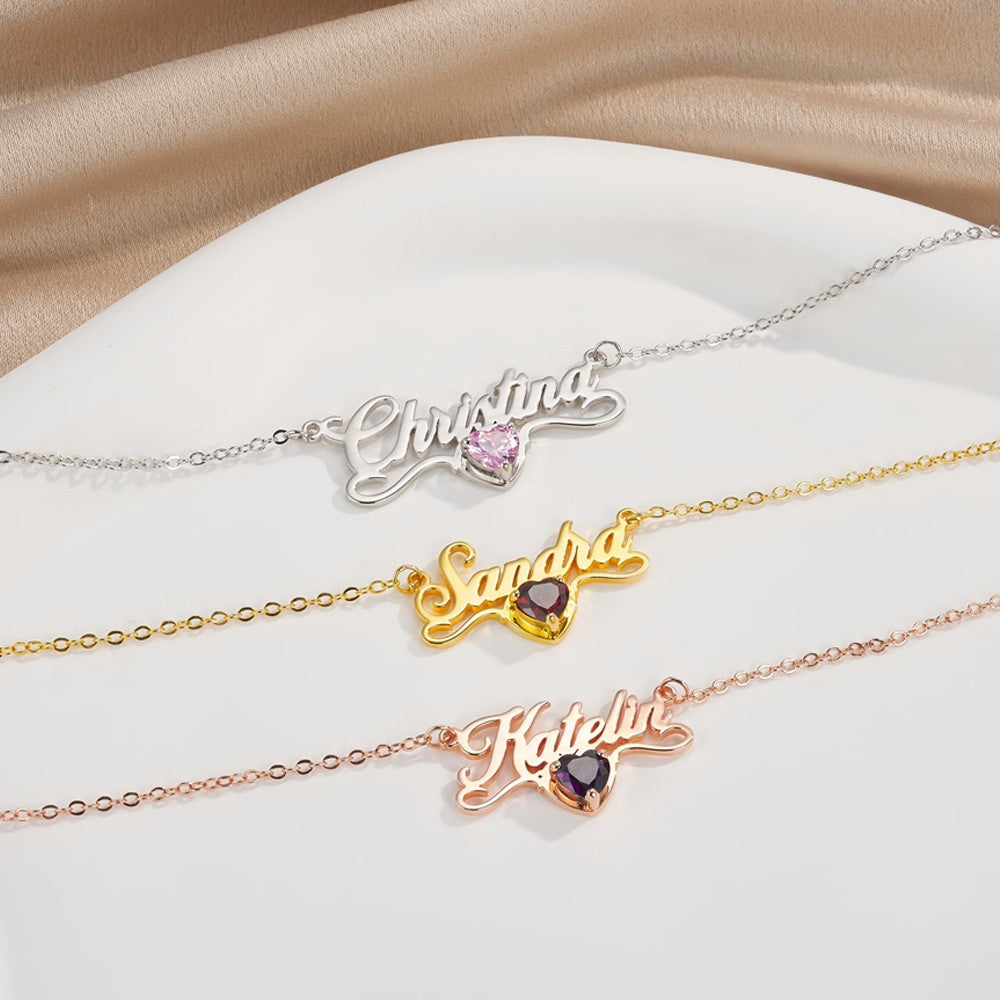 Personalized Minimalist Name Necklace with Heart Birthstone, Valentine's Day/Birthday/Anniversary/Christmas Gift for Her