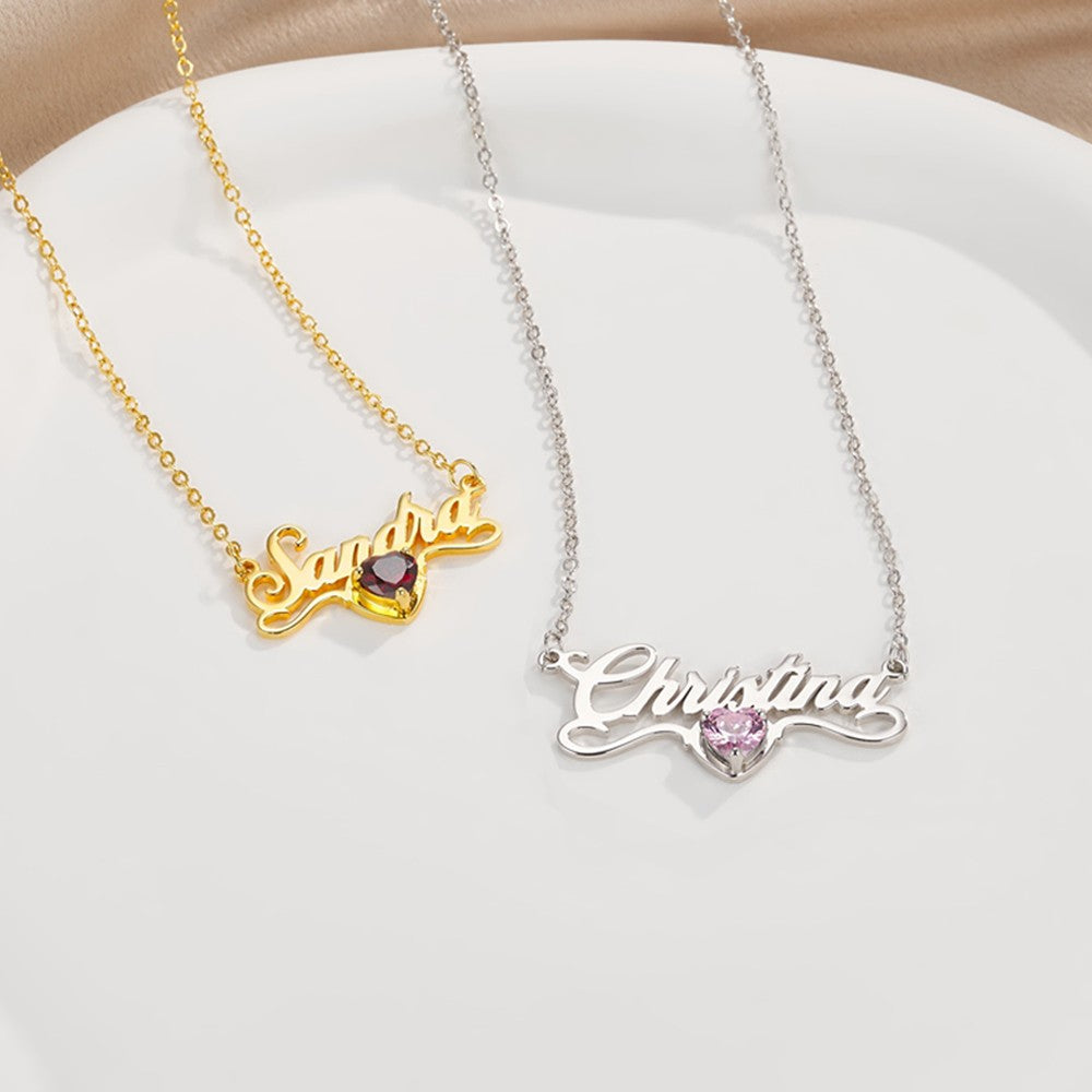 Personalized Minimalist Name Necklace with Heart Birthstone, Valentine's Day/Birthday/Anniversary/Christmas Gift for Her