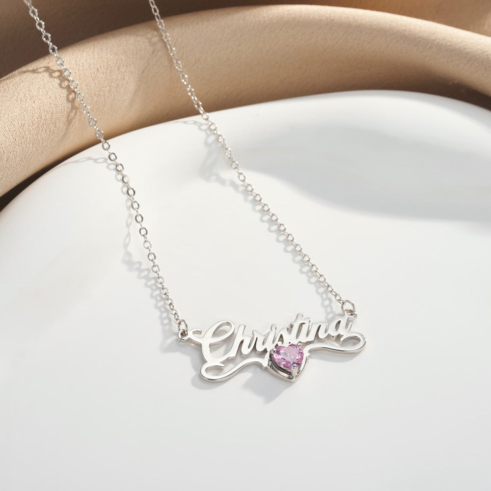 Personalized Minimalist Name Necklace with Heart Birthstone, Valentine's Day/Birthday/Anniversary/Christmas Gift for Her