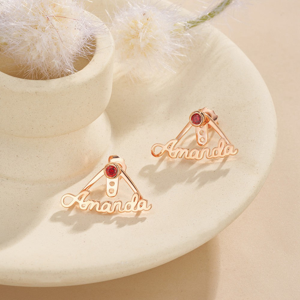 Custom Name Birthstone Earrings, Birthstone Wrap Cuff Earrings with Name Charm, Minimalist Jewelry, Birthday/Mother's Day/Anniversary Gift for Her