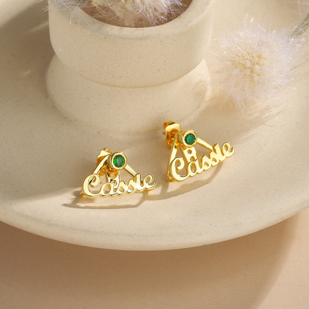 Custom Name Birthstone Earrings, Birthstone Wrap Cuff Earrings with Name Charm, Minimalist Jewelry, Birthday/Mother's Day/Anniversary Gift for Her