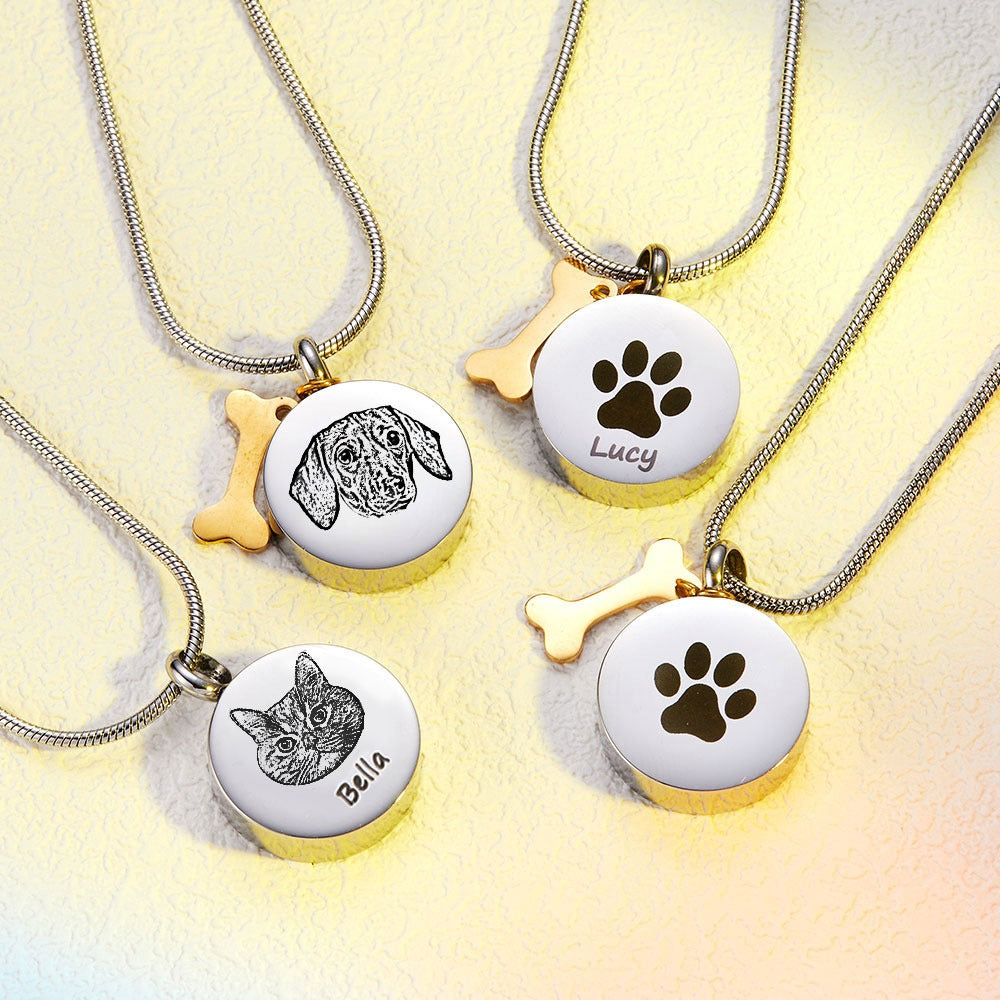 Custom Engraved Pet Photo & Paw Urn Ashes Necklace, Dog/Cat Ashes Cremation Jewelry with Free Funnel Kit, Memorial Keepsake, Gift for Pet Owner/Lover